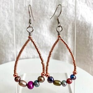 Multi pearl mixed metal wire wrapped dangle, hoop, earrings, stainless steel